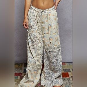 2-0121 *Boutique* POL Boho Patchwork Floral Wide Leg Cream Jeans